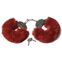 Шикарные бордовые меховые наручники с ключиками